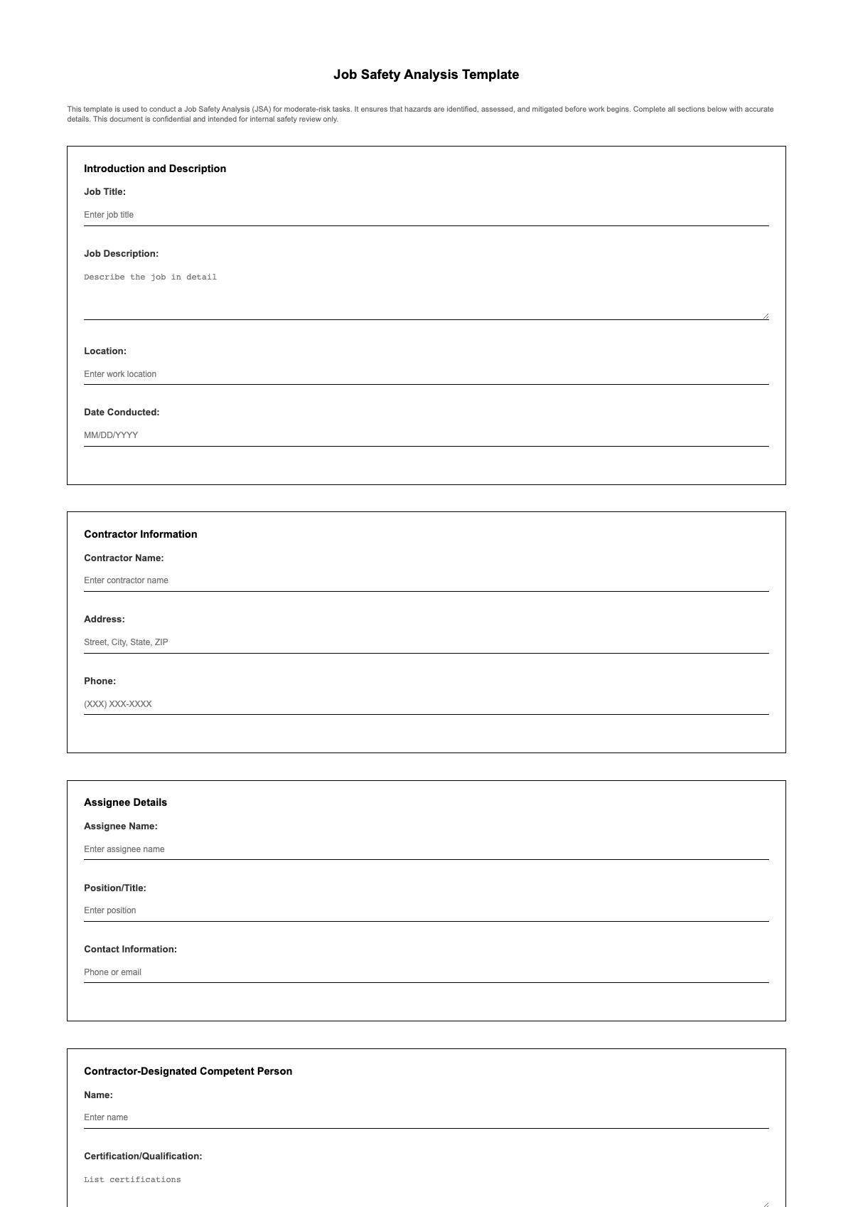 Moderate risk job safety analysis form with contractor and Argonne sections_variant_1